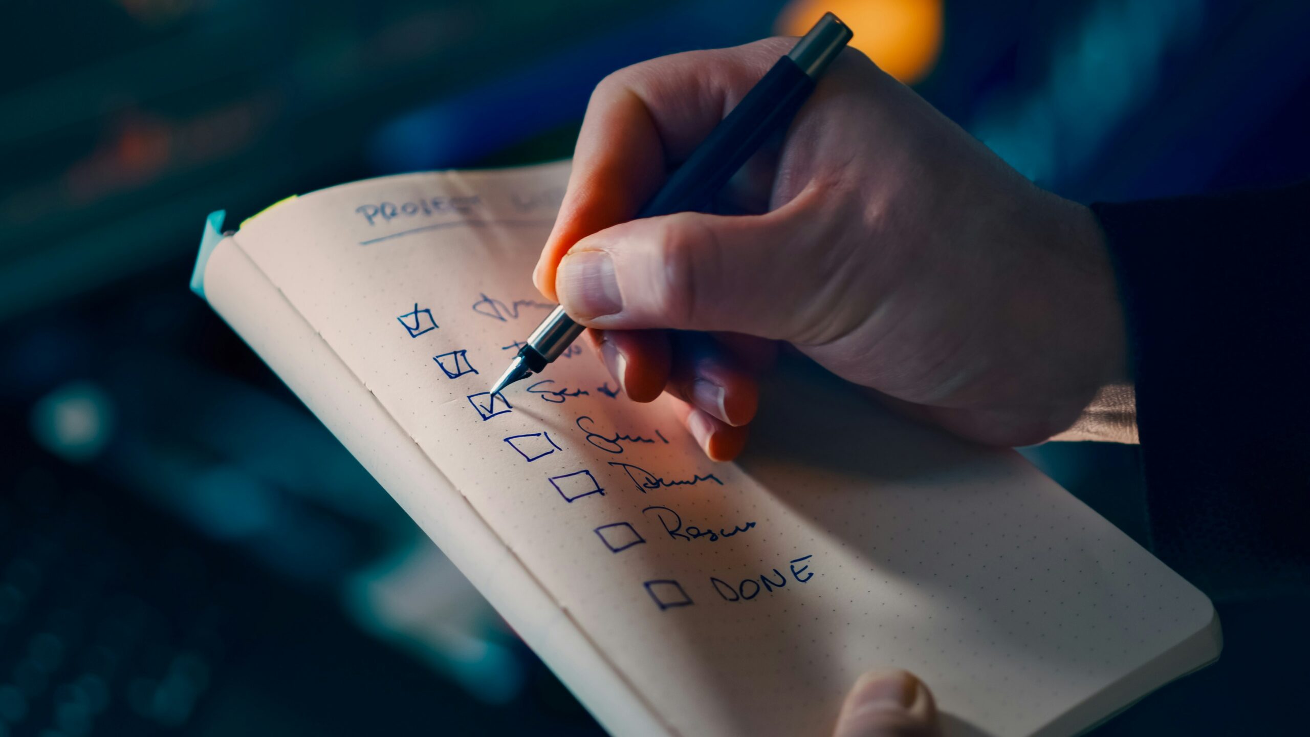 Business owner reviewing a six-step AI implementation checklist with their operations team